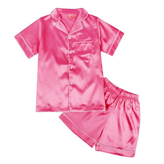 Summer Kids Girl Pure Color Imitate Silk Pajamas Short Sleeve Blouse Short Pants Sleepwear Suit ,5-14 Years