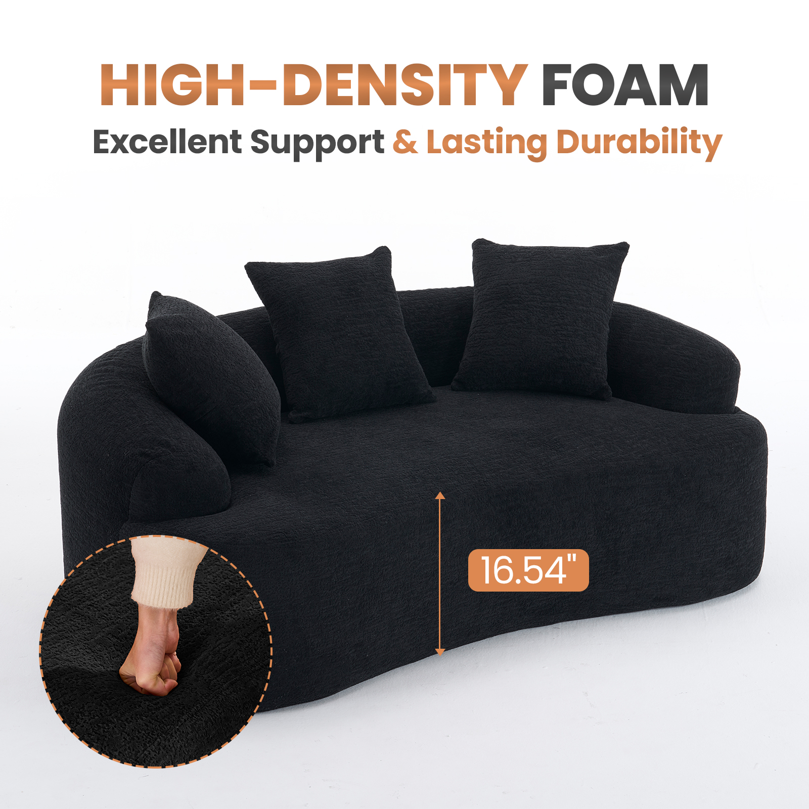 Loveseat Sofa, 65" Modern Minimalist Curved Loveseat Couch 2 Seat No Assembly Deep Seat Sofa with 3 Pillows for Living Room and Small Spaces, Black