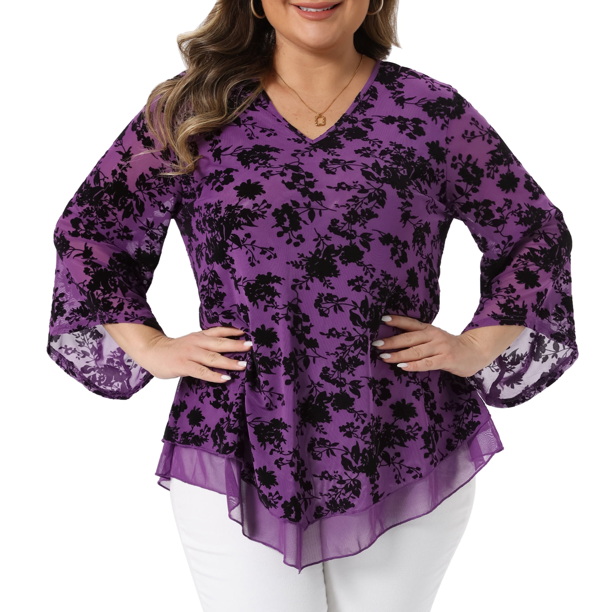DARING DIVA Women's Plus Dressy V Neck Mesh Casual Flowy Blouse 3X Purple