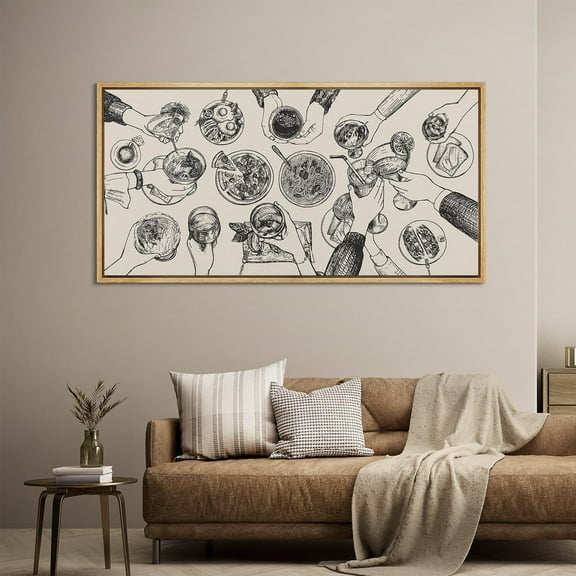 IDEA4WALL Extra Large Framed Canvas Print Wall Art Culinary Gathering Pen-and-Ink Overhead View of Food & Drinks Artwork Nature Wilderness Antique Fine Art Decor for Home Decoration - 60"x30"