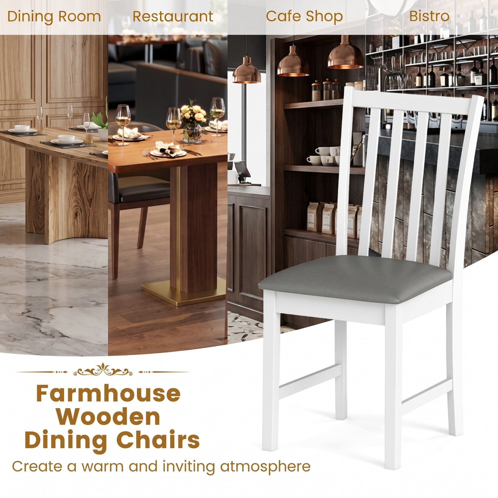 Furnibear Wooden Dining Chair Set of 2, Rubber Wood Kitchen Side Chairs with Padded PVC Leather Seat, Ergonomic Curved Back, Armless Accent Chairs for Dining, White
