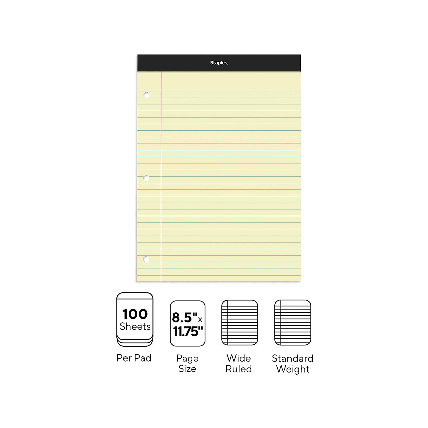 Staples Notepads 8.5" x 11.75" Wide Ruled Canary 12/Carton ST57349VS