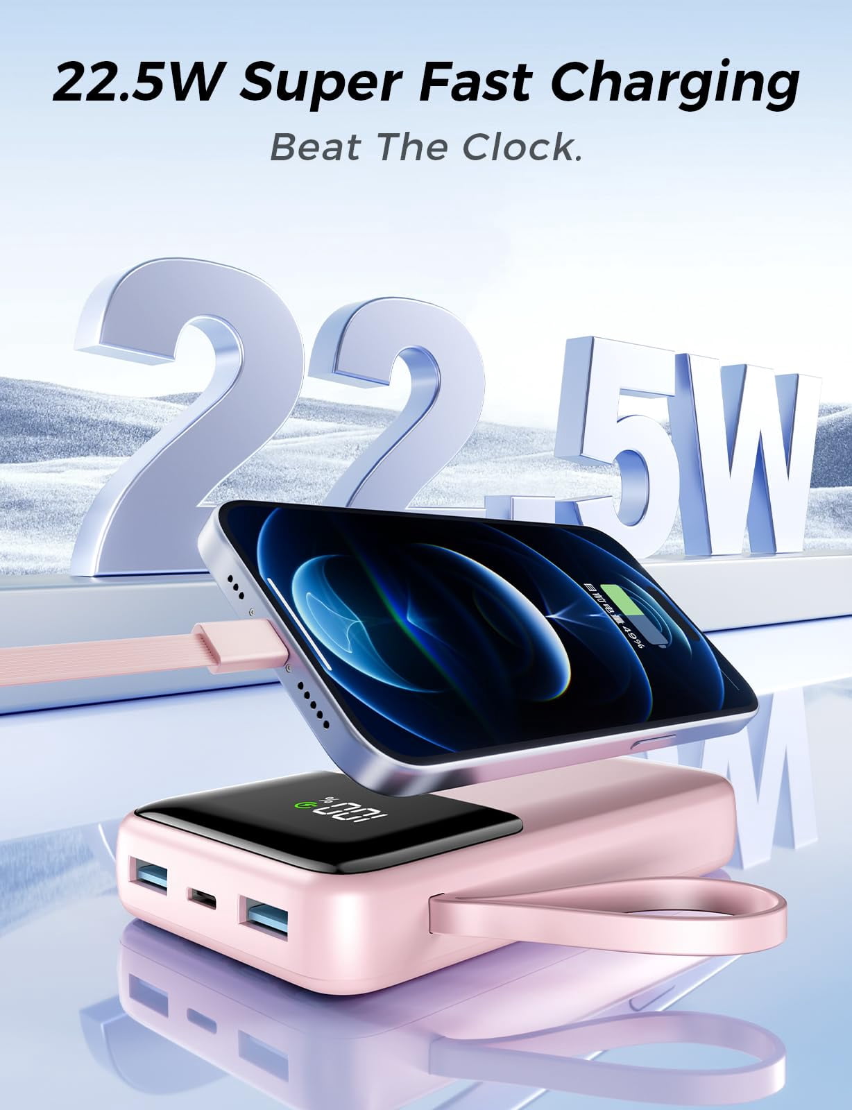 Power Bank, 15000mAh Portable Charger with Built in Cable, 22.5W Fast Charging, 6 Outputs, Slim Travel Essential Battery Pack with LED Display, Compatible with iPhone 17/16/15/14/13, Samsung, iPad