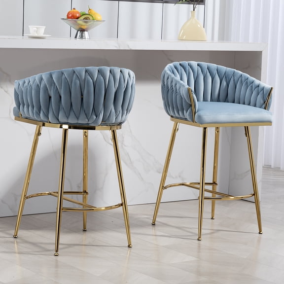Bananova Velvet Bar Stools Set of 2, 26 Inch Seat Height Upholstered Luxury Bar Chairs with Low Back, Modern  Style Counter Height Bar Stools, Blue