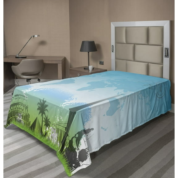 Ambesonne Travel Flat Sheet, Famous Landmarks Mapping, TwinXL Size, Sky Blue Lime Green Grey