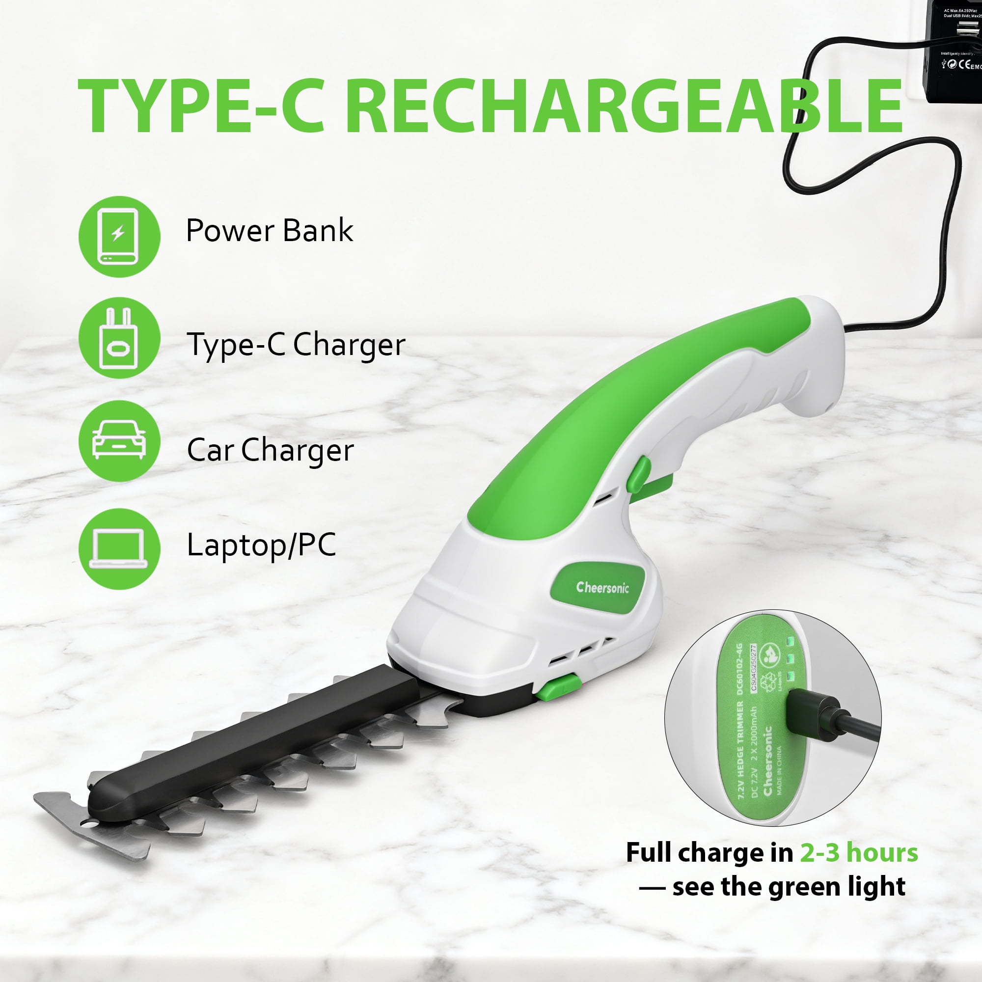 Cheersonic 7.2V Cordless 2-in-1 Grass Shear & Hedge Trimmer, Handheld Lightweight with 2000mAh Batteries & Type-C Cable for Small Bushes, Lawn Edging