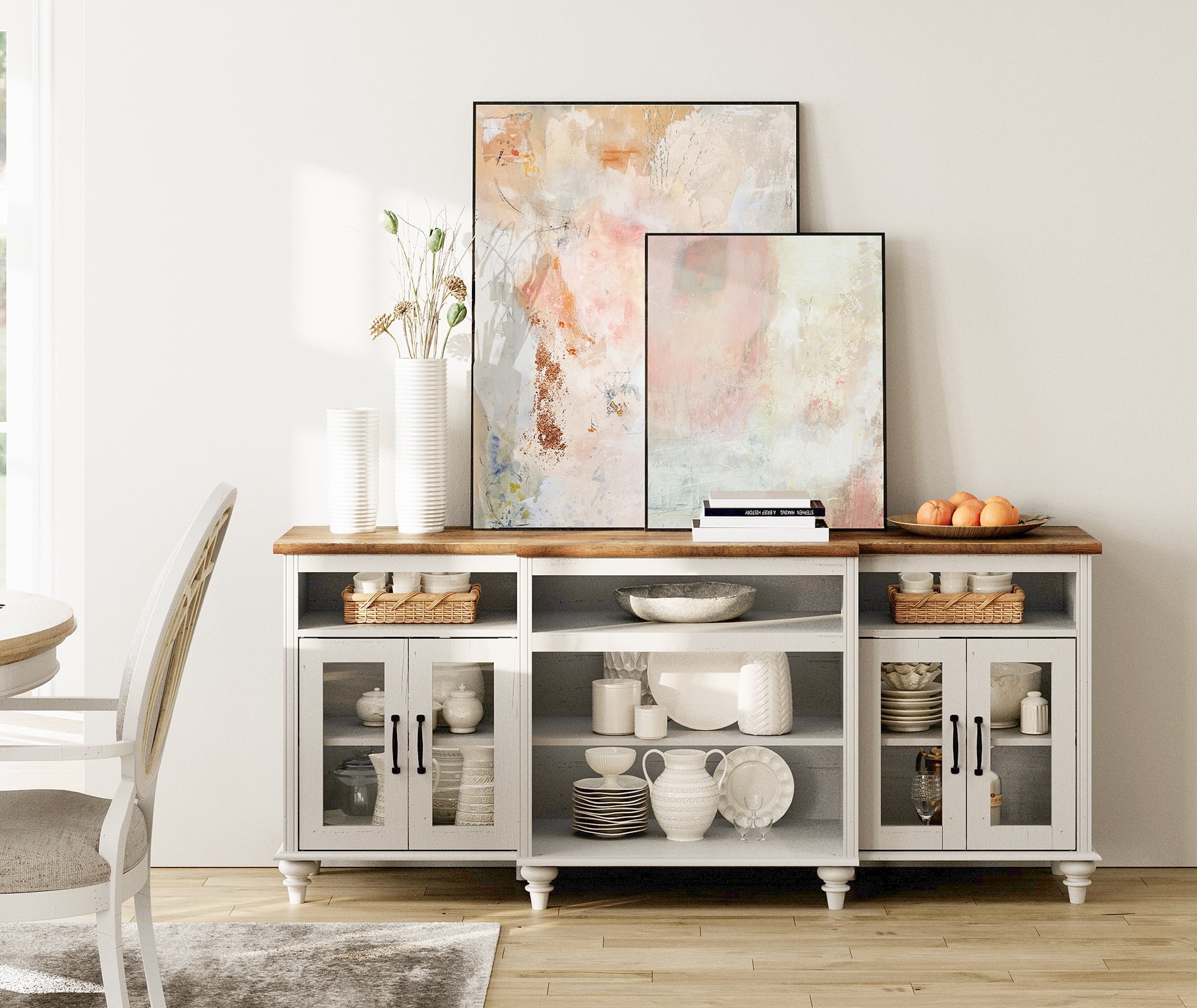Antique White Buffet Cabinet with 4 Glass Doors, Large Coffee Bar Tables with 9 Storages, 70 inch