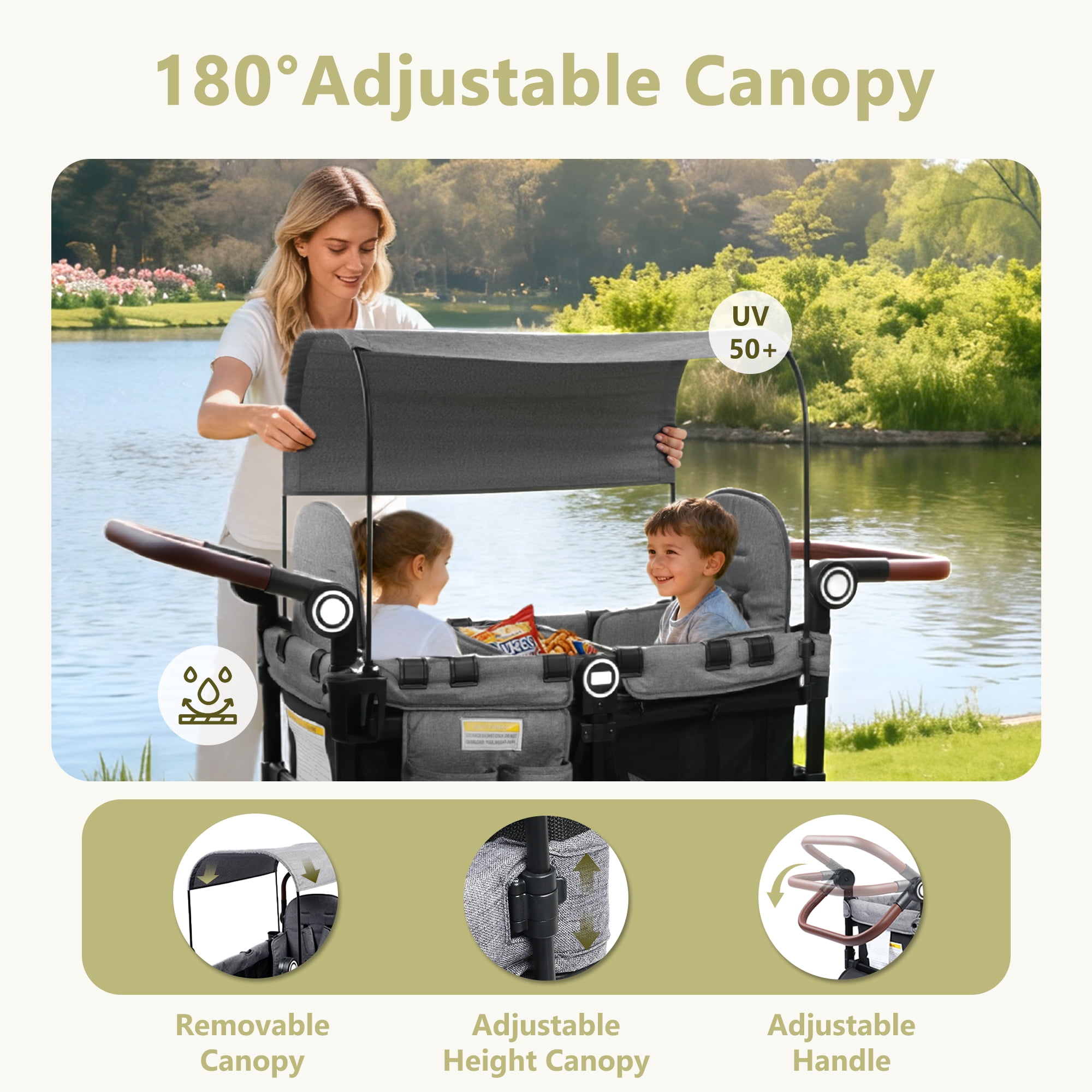 LINLUX 2 Kids Wagon Stroller, Foldable Outdoor 2-Seat Stroller Wagon, Removable Canopy, 55 Pound, Black Gray