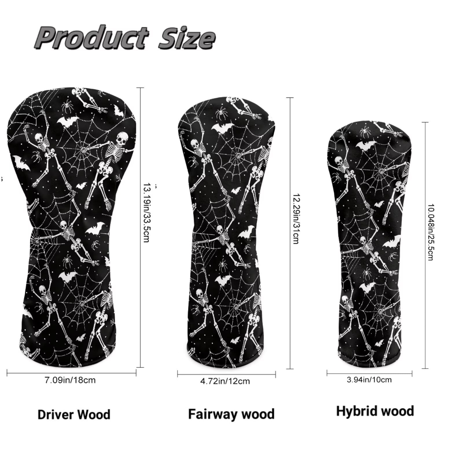 Uorisanigo Golf Club Head Covers for Driver, Fairway Hybrid Woods - 3 Pack Waterproof PU Leather Cobweb Skull Driver Headcover Set - with Elastic Band Fits Most Size Golf Clubs