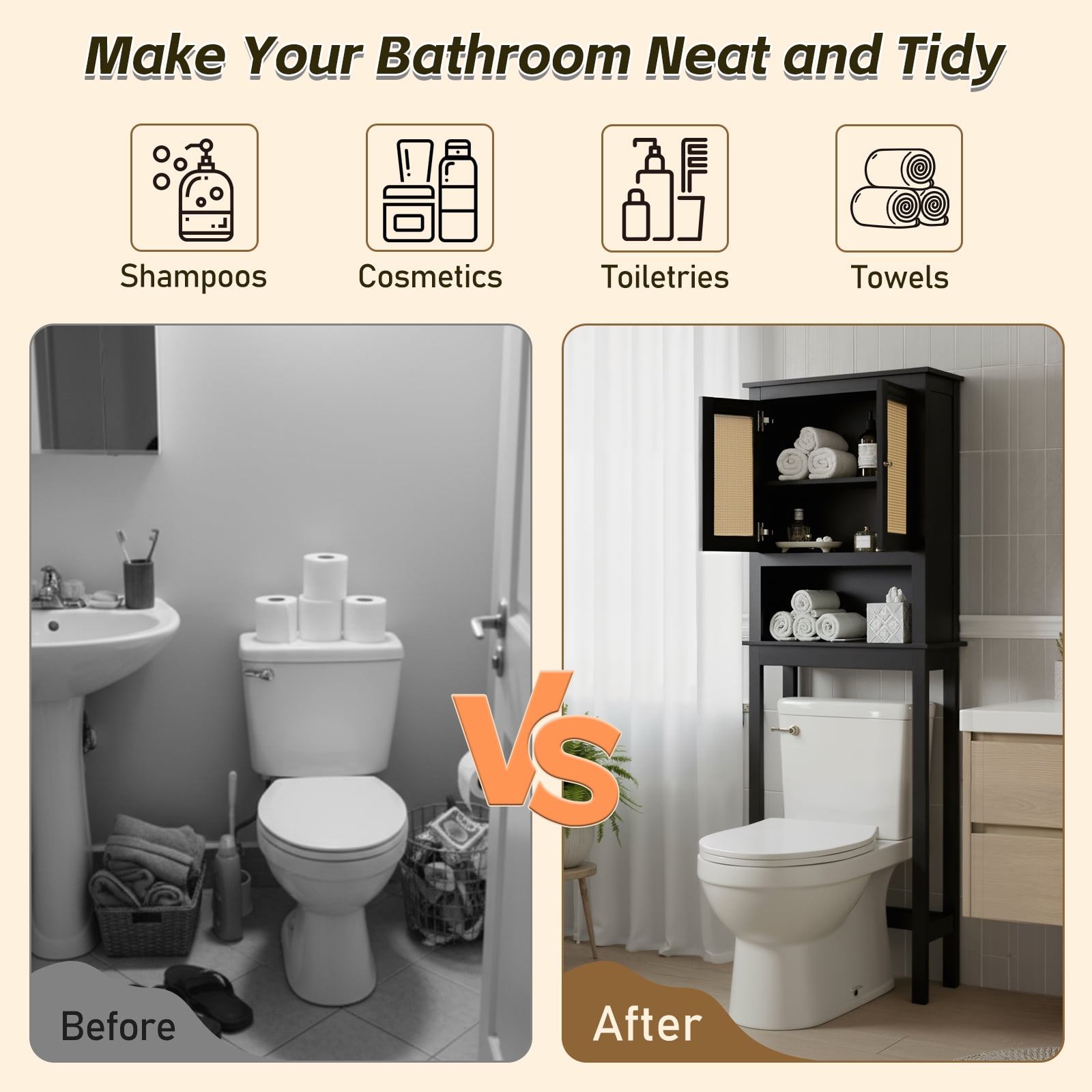Over The Toilet Storage Cabinet, Behind Toilet Bathroom Organizer with Adjustable Shelves, Above Toilet Organizers with Rattan Door, Space Saver for Restroom, Bathroom, Laundry,Black