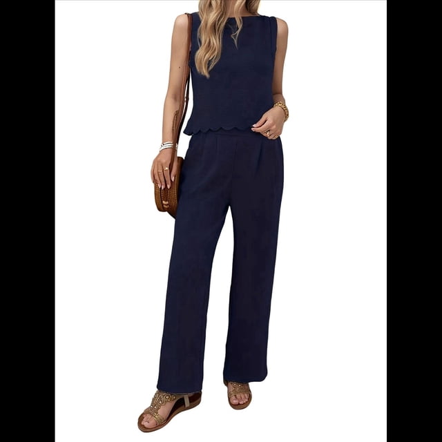 Conjuntos de 2 Piezas para Mujer, Chaleco, Cuello Redondo, Sin Mangas, Conjuntos Casuales, Pantalones de Pierna , Trajes. Azul Oscuro XXL