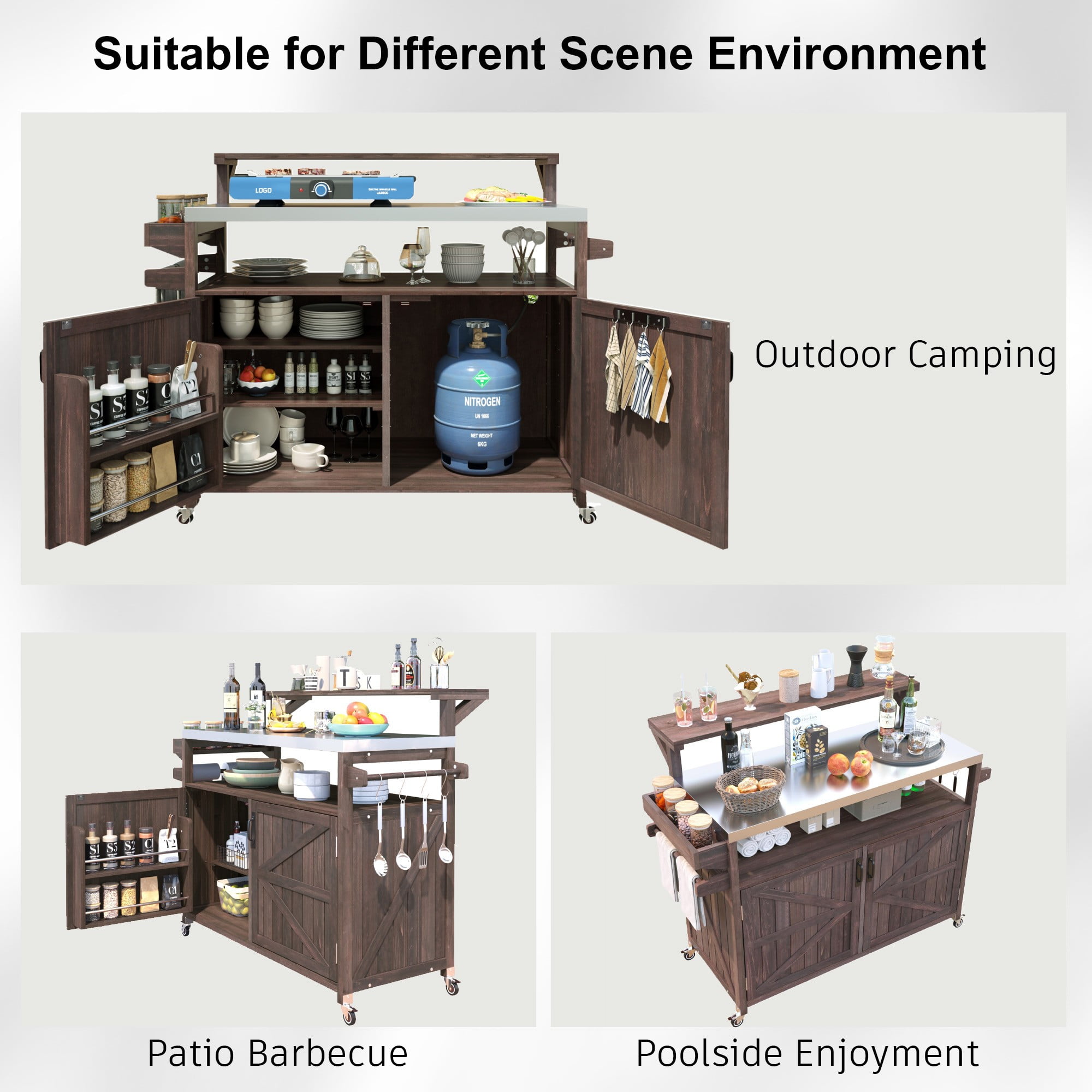 DEALTOPS Outdoor Kitchen Island Storage Cart with Raised Shelf and Stainless Steel Top, Grill Prep Cart BBQ Station, Rustic Brown