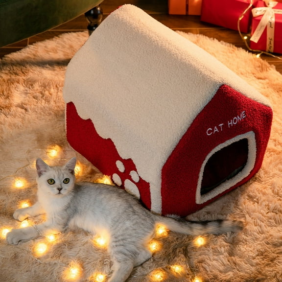 ABPWLY Home Christmas Pet House Indoor Winter Warm Dog Bed Cat House Villa Style Red Enclosed Portable 39x32x34cm Home