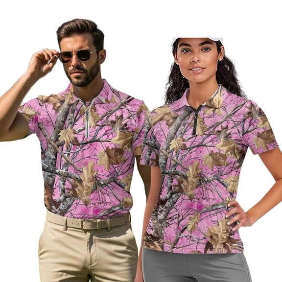 Binienty Pink Camo Forest Matching Couple Golf Shirts Lightweight Moisture Wicking Couple Shirt Comfortable Zip Up Collar Athletic Tops for Workout Pickleball Running