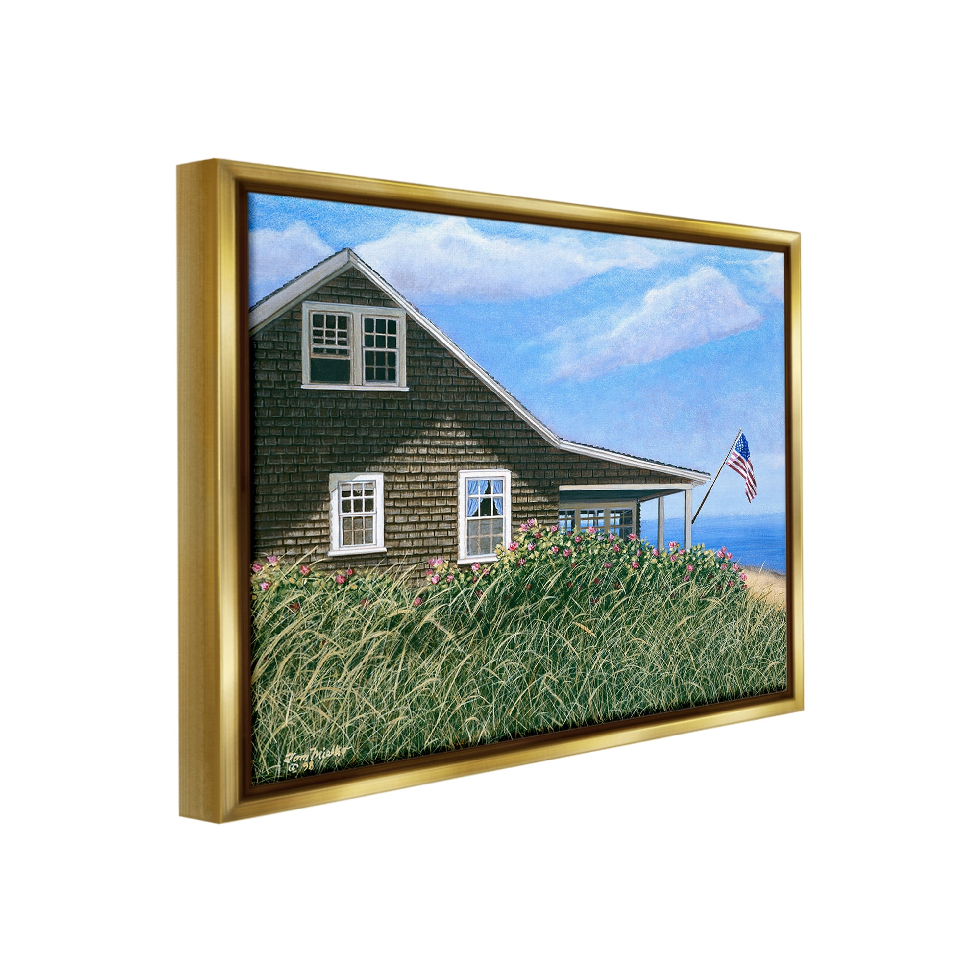 Stupell Industries Cape House with Flag Landscape Painting Gold Floater Framed Canvas Art Print Wall Art, 31 x 25