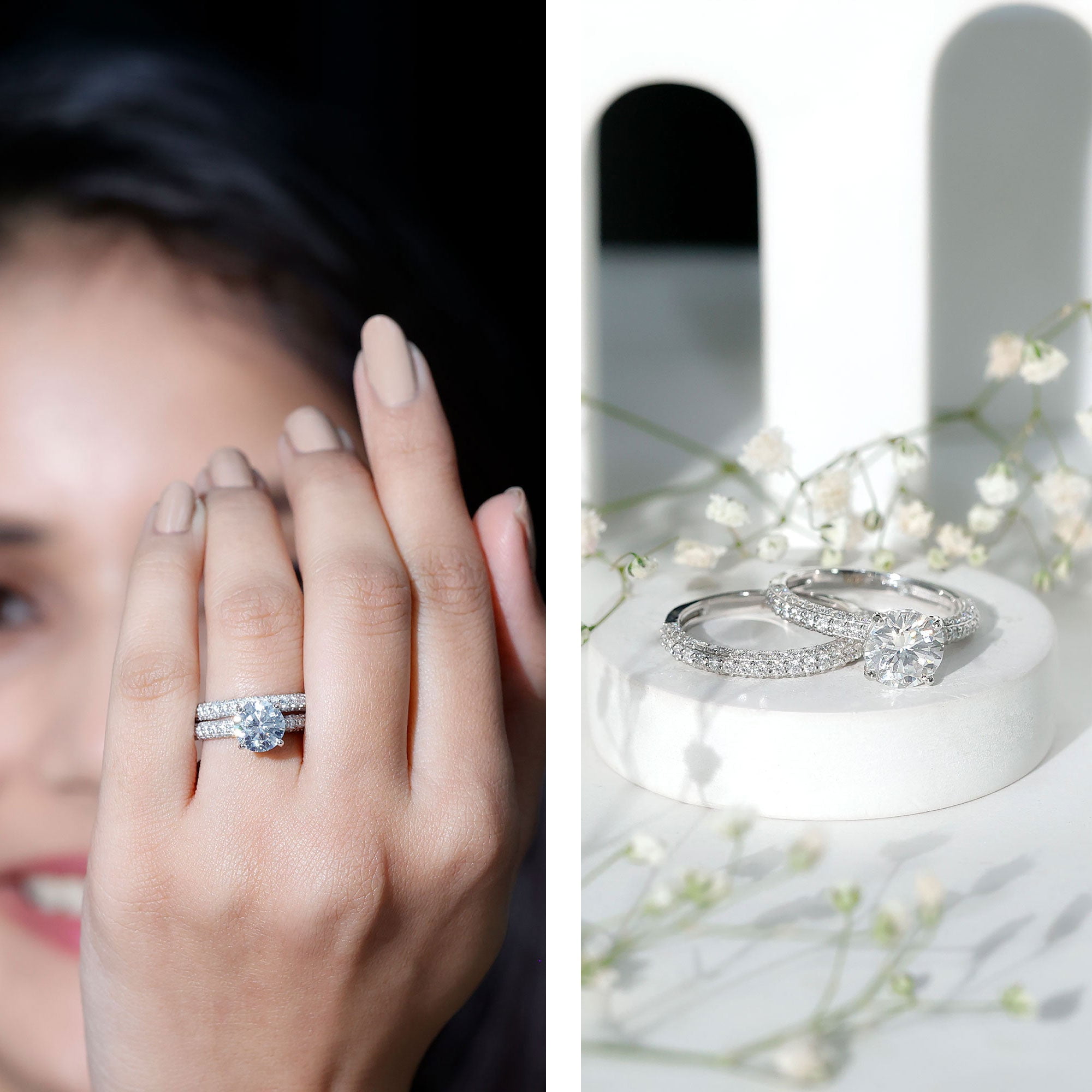 925 Sterling Silver 4.00 Ctw Round 7.00mm Moissanite Cluster Engagement Ring Set – Bridal Wedding Band Set for Women