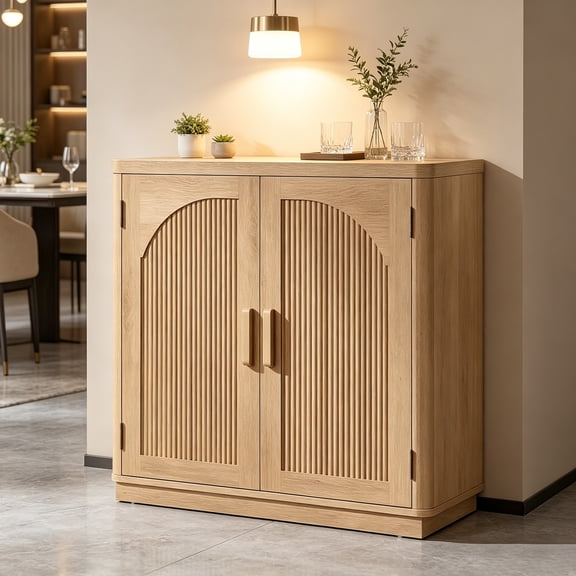 LEYAOYAO Accent Storage Cabinet with Fluted Doors, Small Sideboard Mid Century Buffet Kitchen Coffee Bar Cabinet for Dining Room, Natural Oak