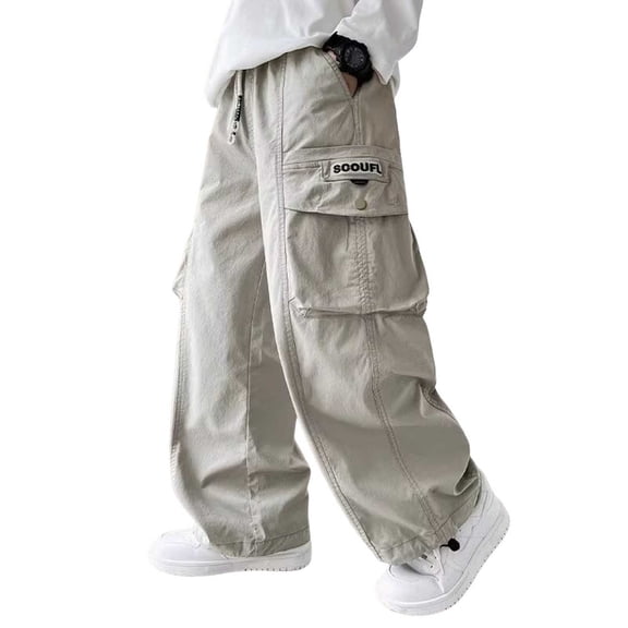 Mwjwdo Big Kids Boys Solid Functional Cargo Pants, Elastic Waist with Pockets, Comfortable Sports Casual Long Trousers Beige 12 Years