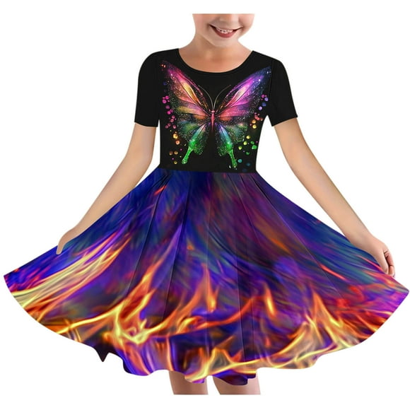 QIPOPIQ Girl's Summer Van Gogh Art 3D Print Crewneck Short Sleeve T-Shirt Swing Dress Clearance