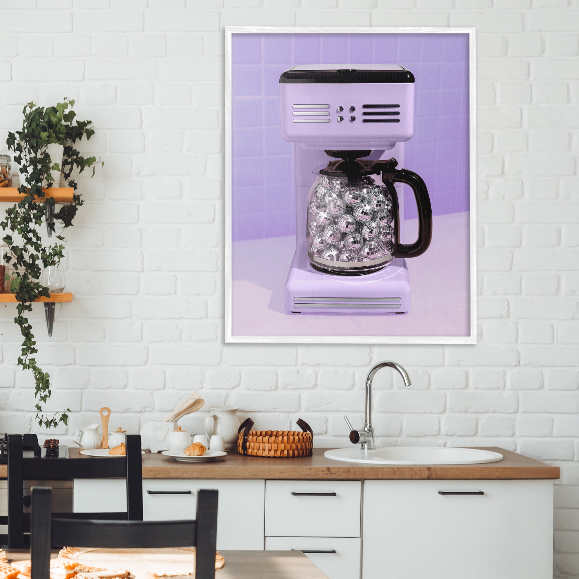 Stupell Industries Disco Coffee Maker over Purple White Framed Giclee Art, design by LISH Creative