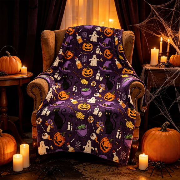 Halloween Throw Blanket, Orange Pumpkins Black Cat Blanket, Halloween Decorations Gifts for All Ages, Spooky Gifts for Women, Boo Basket Stuffers for Kids, 39 x 59 Inch