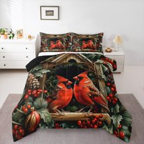 Manfei Christmas Robin Bedding Comforter Set, Winter Plant Fruit Twin Comforter Sets, Rustic Farmhosue Cabin Reversible Bedding Set, Super Cozy Room Decor, 2-Piece
