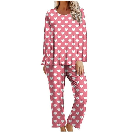 MuZeFu Pajamas for Women Set 2 Piece Long Sleeve Ladies  Love Printed Casual Top Pants Pajama Set Pink XL