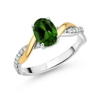 Gem Stone King 2 Tone 10K Yellow Gold and 925 Sterling Silver Green Chrome Diopside and White Lab Grown Diamond Twisted Interwoven Ring for Women (0.81 Cttw, Available in Size 5,6,7,8,9)