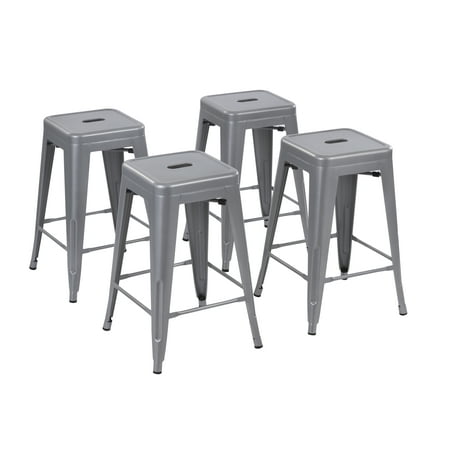 Howard 24inch Stackable Metal Bar Stool, Set of 4, Include 4 Stools, Silver Color, Backless Style