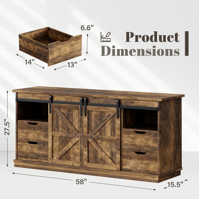 Vineego 70 inch Farmhouse TV Stand for Living Room, Entertainment Center with Sliding Barn Doors & 4 Storage Drawers, Adjustable Shelves Rustic Media Console for Bedroom,Light Brown