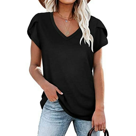 Dyfzdhu T Shirts for Women Short Sleeve V Neck Solid Color Tshirt Slim Basic Tee Summer Tunic Tops Black