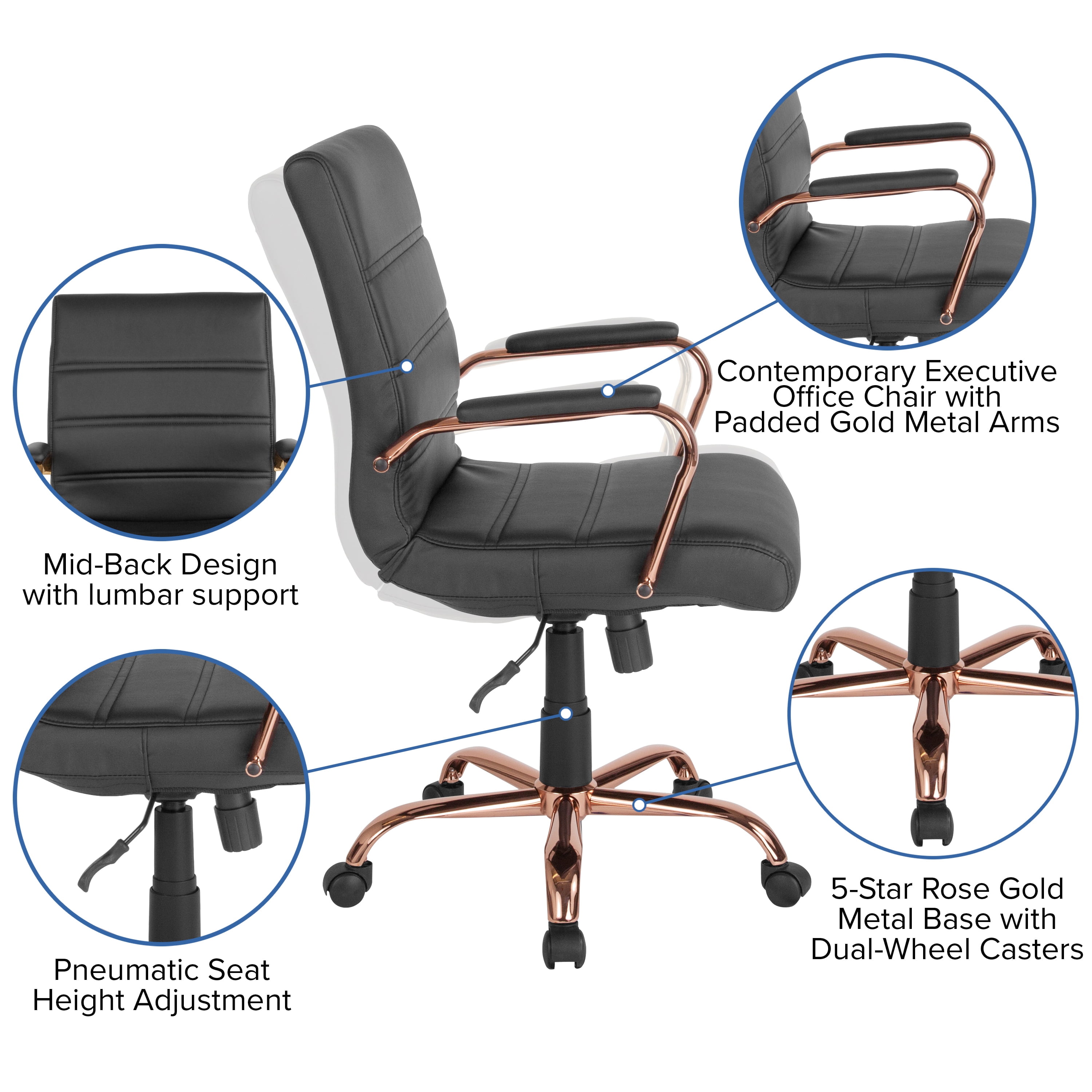 Merrick Lane Contemporary Mid-Back Black Faux Leather Home Office Chair with Padded Rose Gold Arms