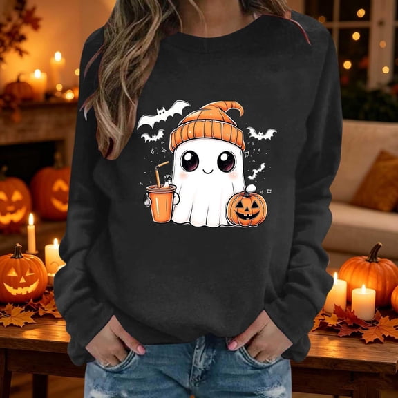 Womens Sweatshirt Casual Coffee Ghost Pumpkin Graphic Crew Neck Long Sleeve Pullover Cutecore Streetwear Halloween Top Fall Spring Outfits Black L