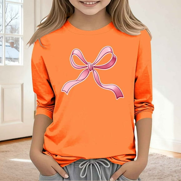 Ounisa Plus Size 3/4 Sleeve Tops for Women Bow Graphic Crewneck Casual Cute Shirts Three Quarter Length Spring Blouses