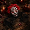 thumbnail image 2 of Halloween Skull Mask with Veil and Rose Flower, Mexican Dia de Los Muertos Lace Mask for Halloween Masquerade Cosplay Party Costume, 2 of 5