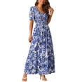 thumbnail image 4 of INSPIRE CHIC Women's Summer Casual V Neck Floral Flutter Short Sleeves Smocked Flowy with Pockets Maxi Dresses L Dark Blue, 4 of 5