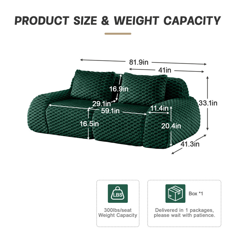 82" Modern Modular Sectional Sofa for Living Room,Flannelette Fabric,highly textured,Oversized 2-Seater Couch with Deep Seat,Buckle connection,Anti-slip Design,No Assembly,boneless sofa,Green