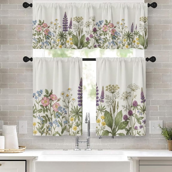 Kitchen Curtains Sets for Windows, 52x39 Inch, 3 Pack, Botanical | Vintage Herbs Leaf Floral Rod Pocket Cafe Curtain Drapes for Living Room Bedroom Bathroom Kitchen Over Sink Decor