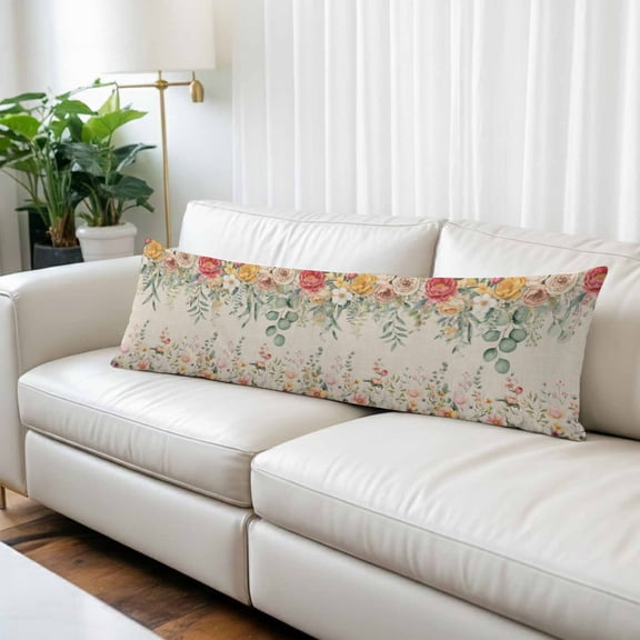 Watercolor Floral Body Pillow Covers 20"x60", Spring Roses Eucalyptus Leaf Plants Beige Soft Brushed Microfiber Breathable Throw Pillow Covers, Pillowcase with Zipper for Couch Sofa Bedroom