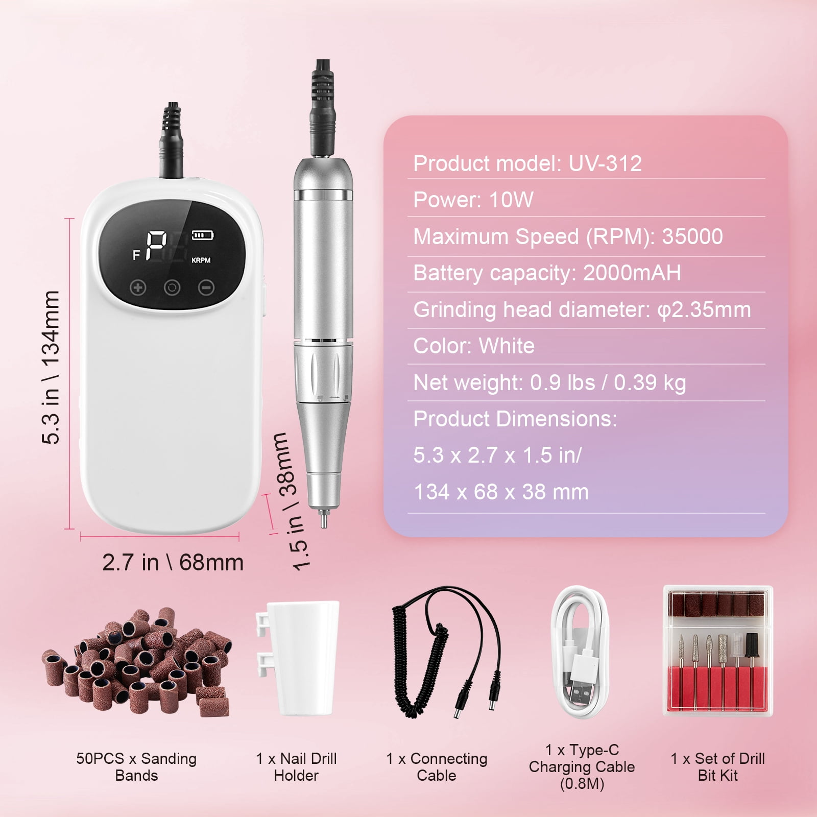 KFFKFF Cordless Electric Nail Drill, 35,000RPM, Portable E File Device with LCD Screen, Acrylic & Gel Nail Grinder Kit, Includes 6 Attachments & 50 Sanding Bands for Nail Art, Carving & Polishing