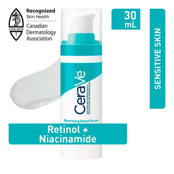 CeraVe Resurfacing Retinol Serum for Face with Niacinamide & Encapsulated Retinol. Helps even Skin Tone, Improve Skin Smoothness & Reduce Post-Acne Marks. Gentle, Fragrance-free, & Non-Comedogenic, 30, A full-face lightweight serum