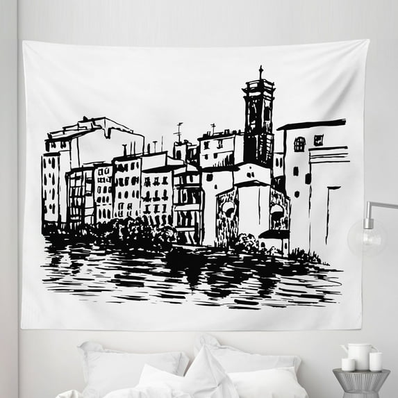 Sketchy Tapestry, Venice City Sketch Style Hand Drawn Historical Buildings Tourist Town Picture, Fabric Wall Hanging Decor for Bedroom Living Room Dorm, 5 Sizes, Black White, by Ambesonne