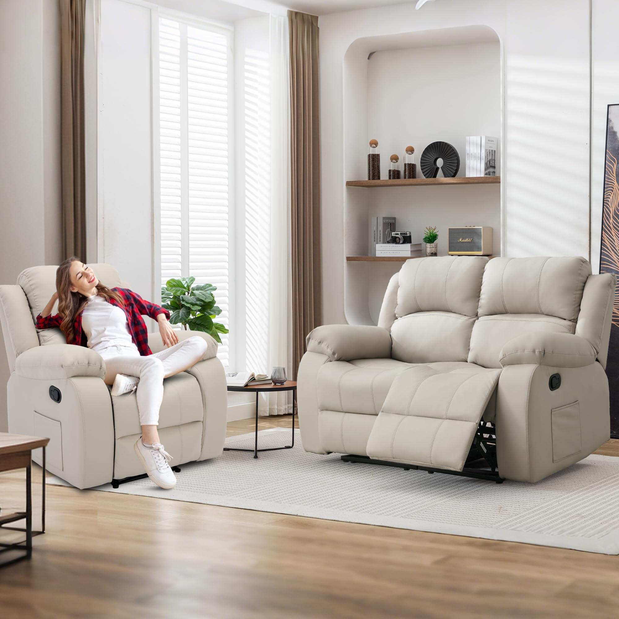 Reclining Couch Sleeper Sofa Set Chaise Lounge Chair Leather Recliner Couch Loveseat for Living Room, Theater Seating(Loveseat+Recliner,Beige)
