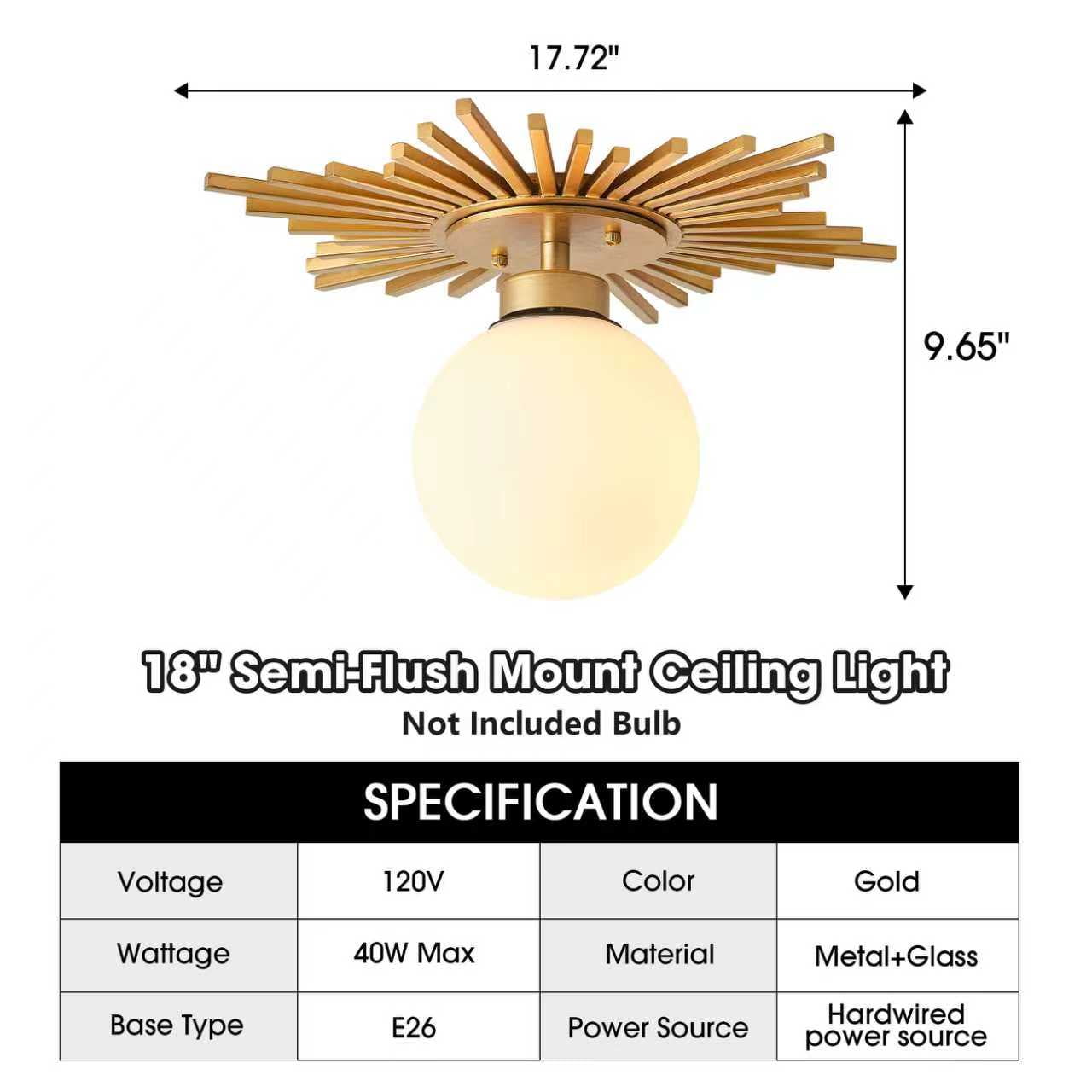 18" Modern Gold Glass Semi Flush Mount Globe Ceiling Light for Living Room, Bedroom, Hallway