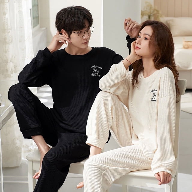 Pijamas de pareja para mujer, primavera y otoño, para niños, de algodón, de color liso, de manga larga, para otoño e invierno, para vivir en casa