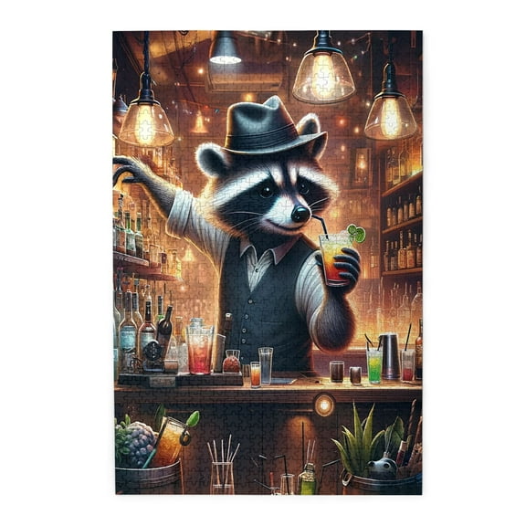 1000 PCS Raccoon Bartender 1000 Piece Fun Animal Jigsaw Puzzles,Enjoy The Puzzle Solving Process,Whimsical Wooden Jigsaw Pieces For Adults,Unique And Beautiful Design