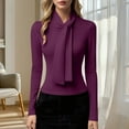 thumbnail image 2 of FRSASU Women's Work Blouse Ribbon High Neck Long Sleeve Shirts Solid Color Slim Fit Elegant office Business Top Purple, 2 of 7