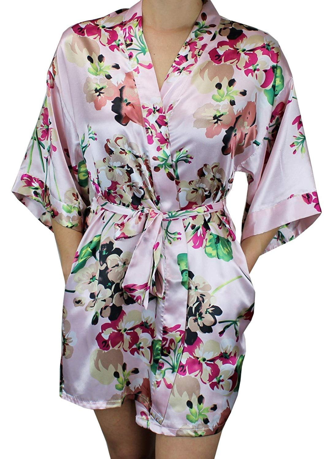Ms Lovely Women's Floral Satin Bridesmaid Robe Short Kimono W/Pockets