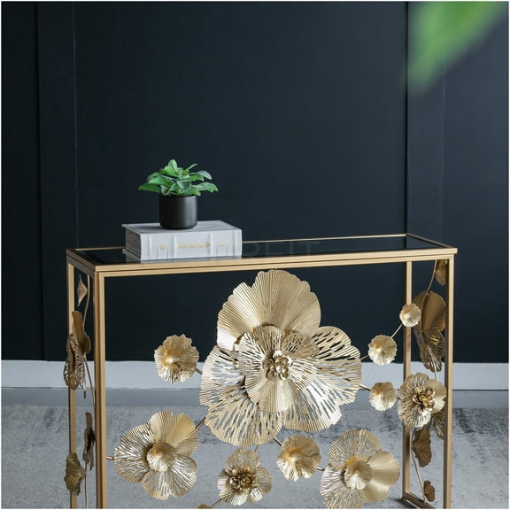 JERFIT Modern Gold Console Table with Mirrored Top, Floral Metal Entryway Table for Hallway Foyer Living Room
