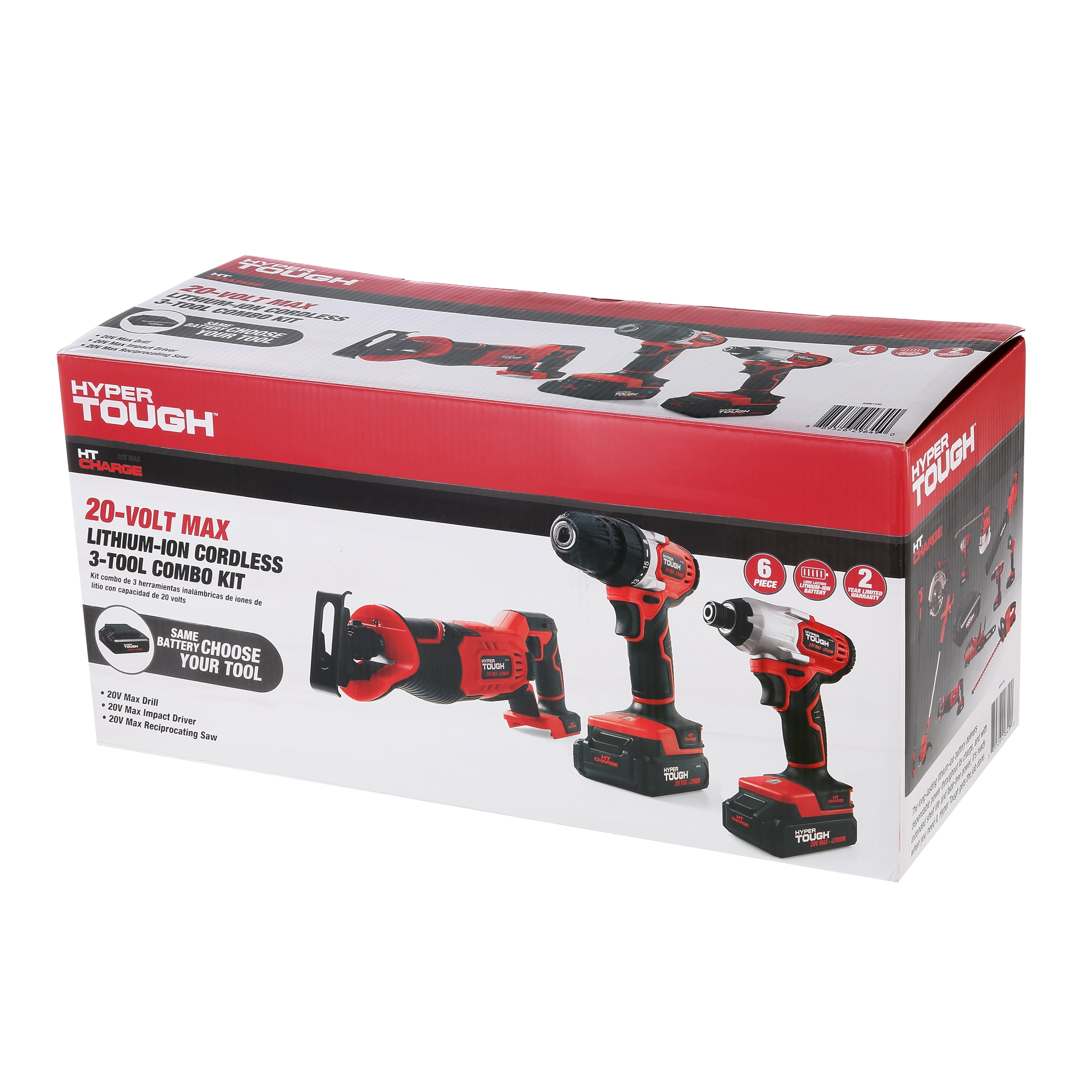 Hyper Tough 20V Max Lithium-ion 3/8-in. Cordless Drill, 1/4-in. Impact Driver & Reciprocating Saw Combo Kit (3-Tool) with (2)1.5Ah Lithium-ion Batteries, Charger, Wood Blade, Bit Holder & LED Lights